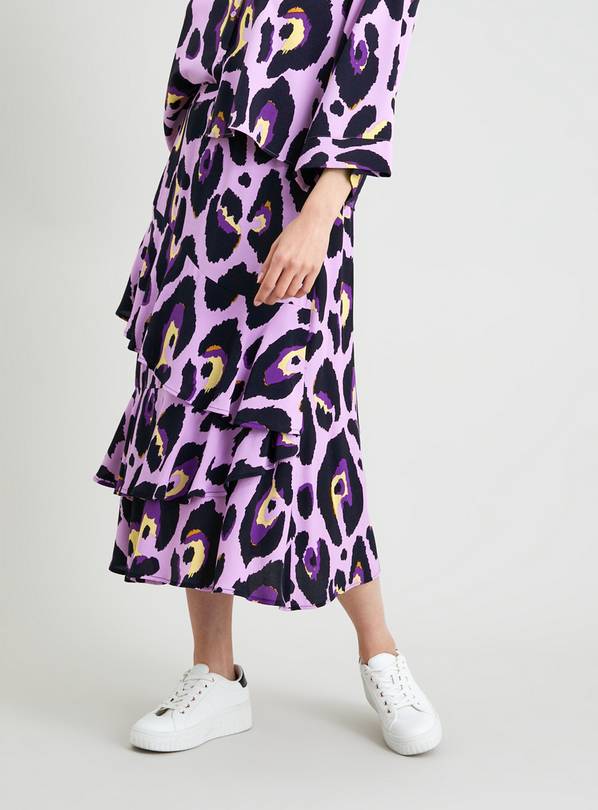 Lilac Leopard Print Ruffle Coord Midi Skirt - 14